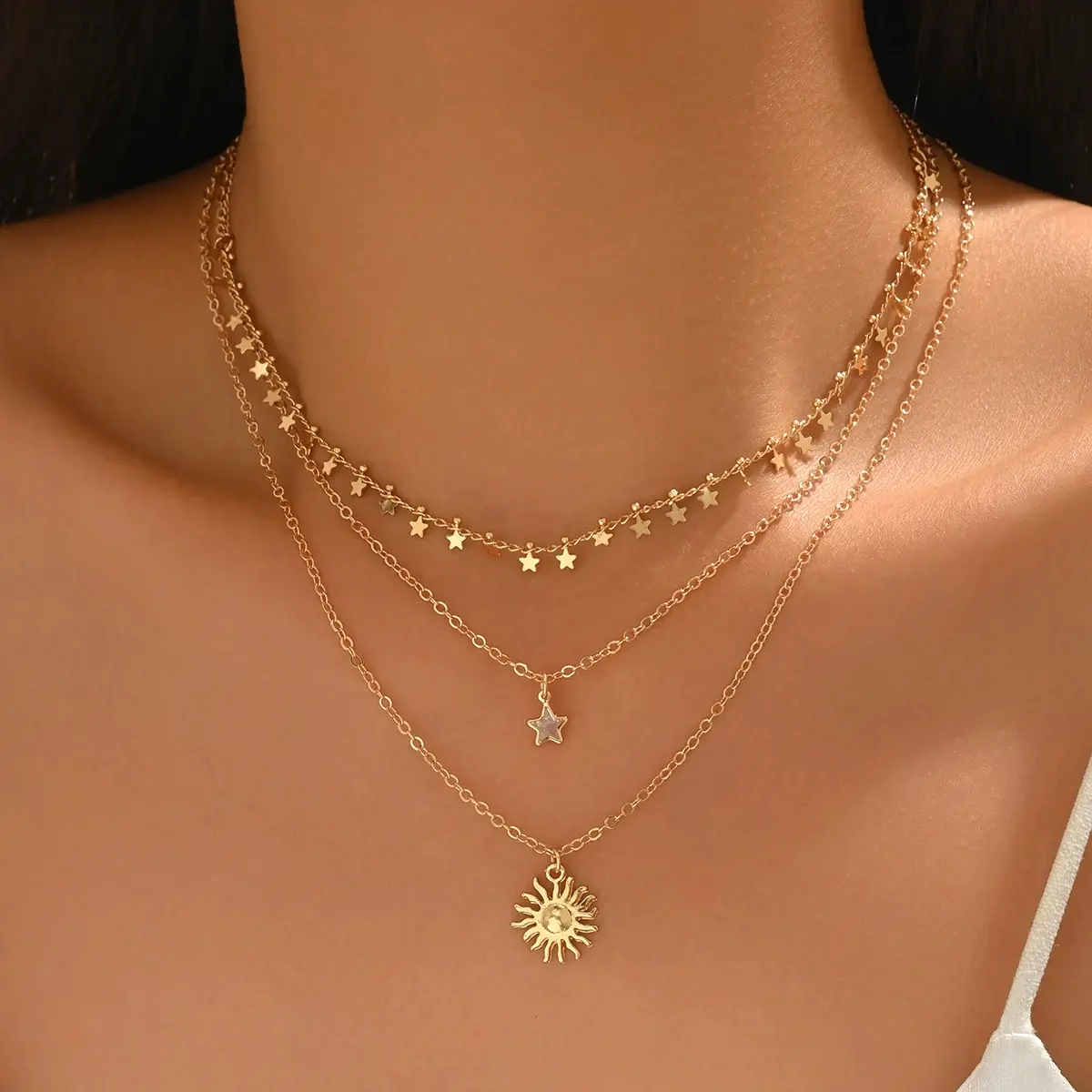 Gold Layered Star Necklace Set For Women 3PCS Dainty Sun Pendant Choker Adjustable Necklace for Daily Beach Party Gift