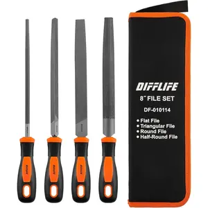 8'' Needle File Set 4 Piece Carbon Steel Hardened Alloy Strength Steel Includes Flat Triangular Round and Half-Round File