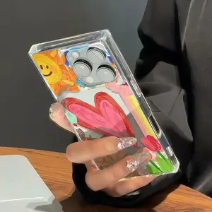 Right-angle square design oil painting heart print anti-drop and shockproof all-inclusive mobile phone case suitable for iPhone 17pro Max/16pro/16plus/16/15/14/13/12 Cute and fashionable Halloween Valentine's Day Christmas gift