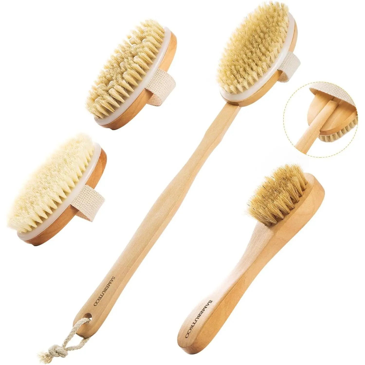 Dry Brushing Body Brush Set Wood Long Handle with 3 Detachable Heads, Face Brush,Body Scrubber Boar Bristle Exfoliator for Lymphatic Drainage and Cellulite,Back Scrubber for Shower