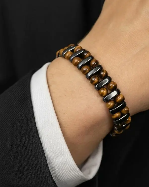SAINT & RELIC Men's Double Layer Energy Bracelet - High-Quality Natural Crystal Bracelet with Real Tiger Eye-Hematite Healing Stones, Adjustable Protection Amulet, Absorbs Stress, Calms Mind, Double Layer Bracelet