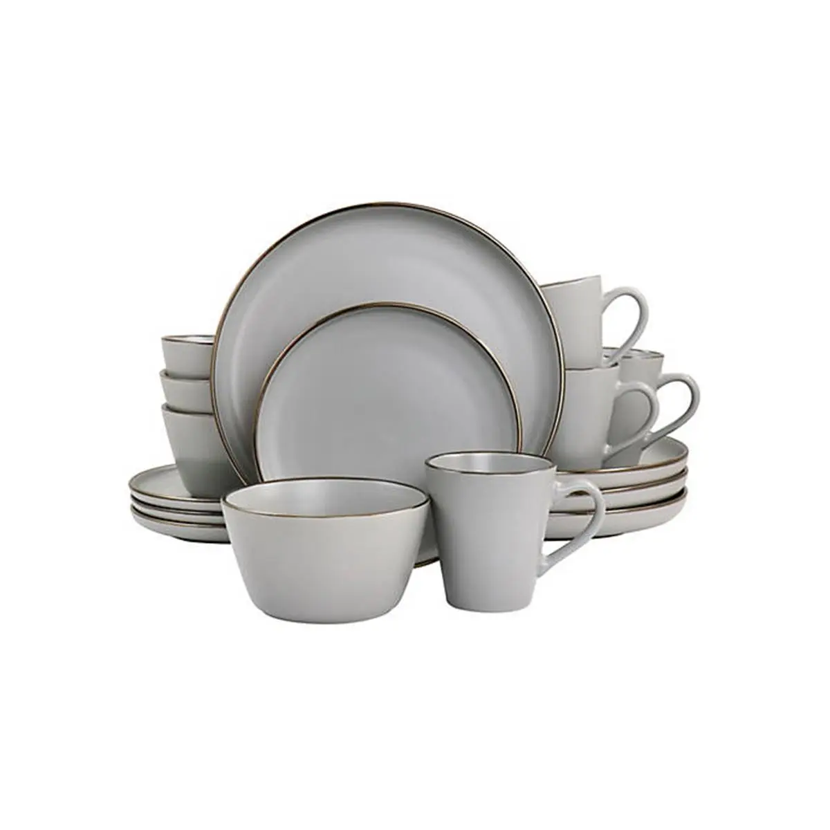 Elama Sturdy 16-Piece Louis Stoneware Round Tableware Set - ELM-LOUIS16, Matte Slate, Gold Rim Trim, Raised Rim, Unique Flat Base, Everyday & Party Use, Dishwasher Safe