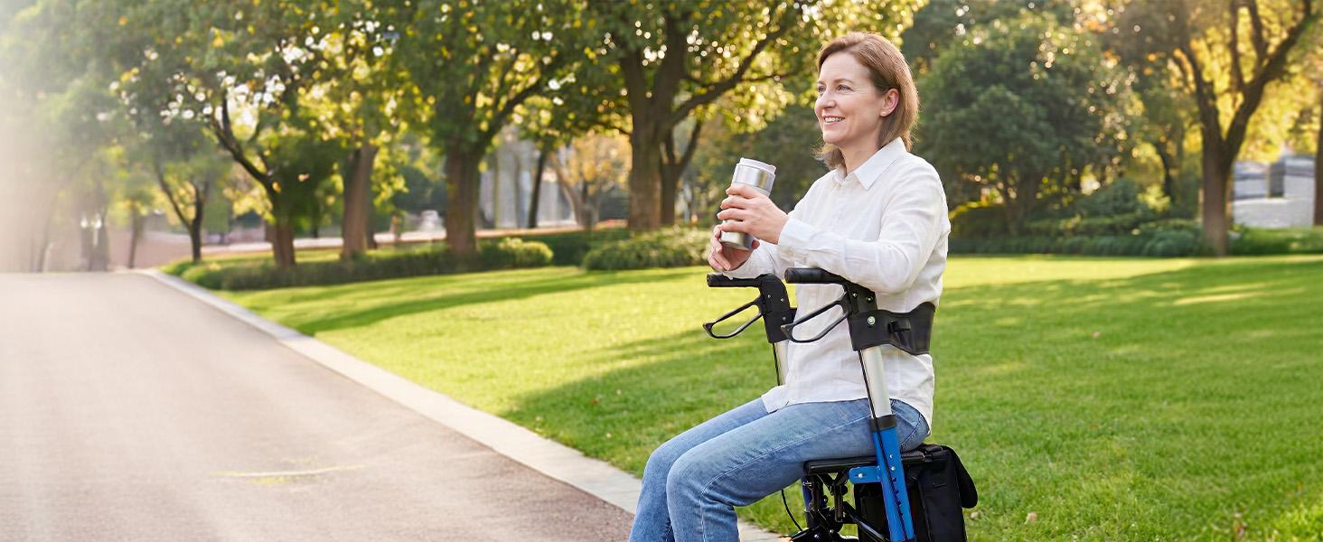 Foldable Rollator Walkers with Seat for Seniors, Big Wheels, 330 lb. Weight Capacity, Adjustable Handles and Seat Height, Lightweight Rolling Walker