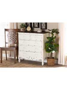 Baxton Studio JY20B089-Antique White-5DW-Cabinet Levron Classic & Traditional Two-Tone Walnut Brown & Antique White Finished Wood 5-Drawer Storage Cabinet