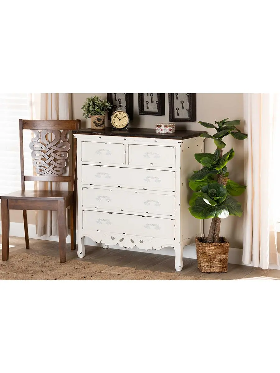 Baxton Studio JY20B089-Antique White-5DW-Cabinet Levron Classic & Traditional Two-Tone Walnut Brown & Antique White Finished Wood 5-Drawer Storage Cabinet