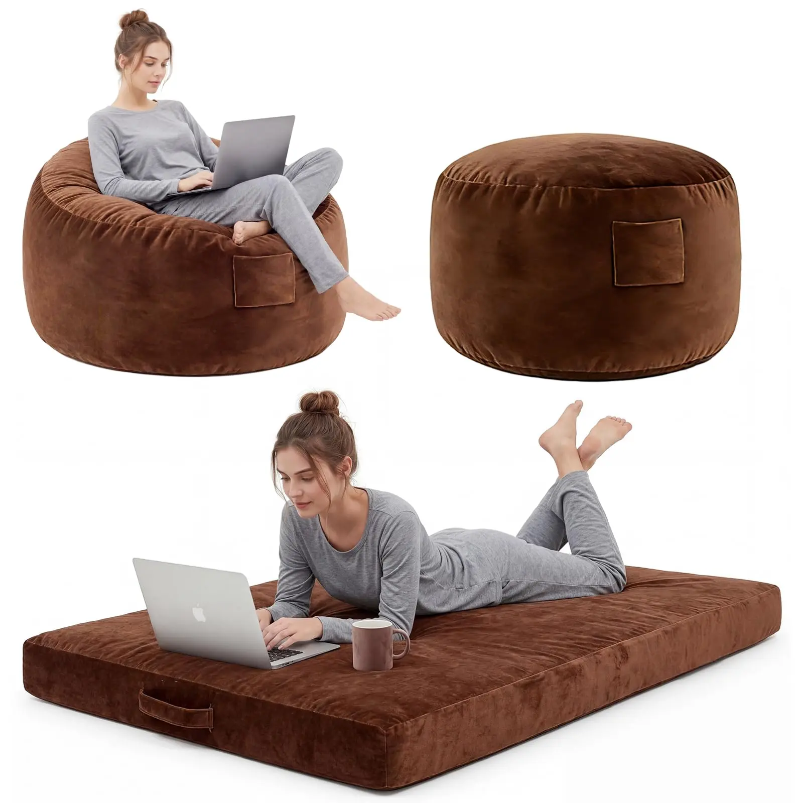 4 in 1 Adult Bean Bag Chair, 4ft Oversized Flannel Beanbag with Memory Foam & Removable Cover for Living Room, Bedroom & Dorm