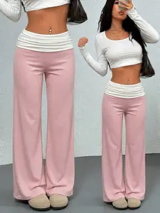 Women's Pink White Stripe Fold Over Waist Flare Leg Pants, Y2K Streetwear Vintage Coquette Striped Low Rise Flare Pants, Summer Casual Breathable Sports Yoga Pants, For Daily Wear, Gym, Streetwear, Women's Retro Style #springsaledeals2026 #summeroutfits #