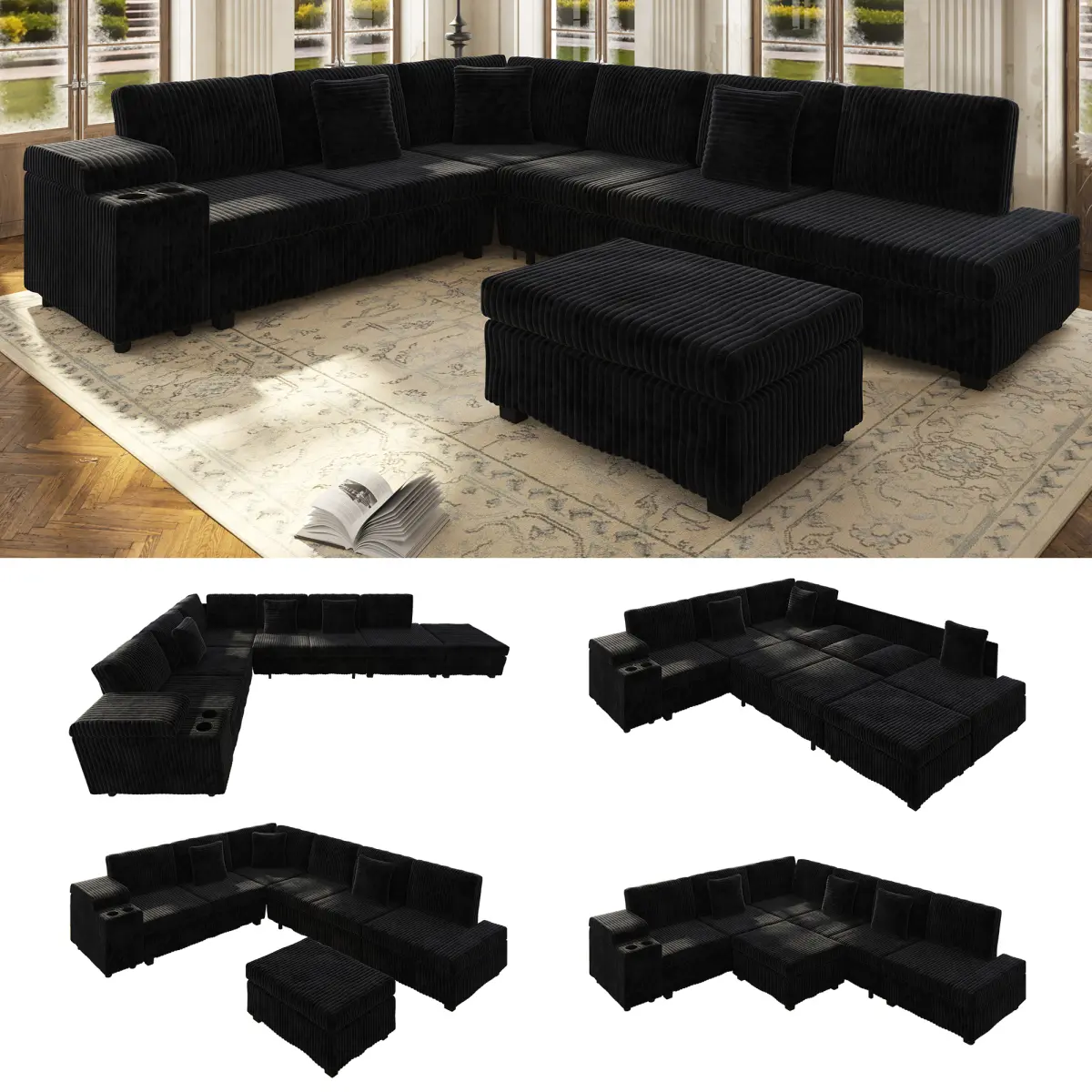 Aobtkel110.2" L-Shape Dual-Function Fluffy Plush Space-Friendly Sectional Sofa Set, Convertible Sleeper with Removable Ottoman, Hidden Armrest Storage, USB Ports, Cup Holders, Plush Corduroy Fabric for Living Room, Apartment (Black), Dual-Function Sof