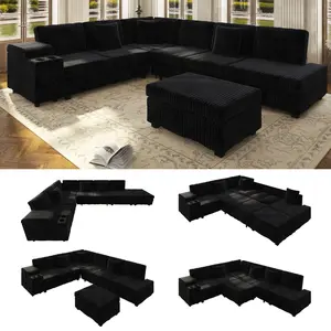 Aobtkel® 110.2" L-Shape Dual-Function Fluffy Plush Space-Friendly Sectional Sofa Set, Convertible Sleeper with Removable Ottoman, Hidden Armrest Storage, USB Ports, Cup Holders, Plush Corduroy Fabric for Living Room, Apartment (Black), Dual-Function Sofa