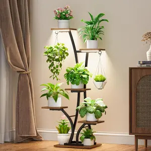 Stand with Grow Light for Indoor , 6 Tiered Metal  Shelf, 45" Indoor  Rack with 7 Shelves and 2 Hooks, Modern Corner  Holder for Living Room Balcony Bedroom, Black