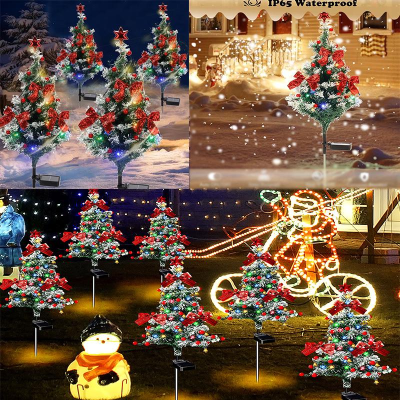 4-Pack solar Christmas tree lights for outdoor decoration, waterproof, small solar Christmas tree path lights, solar garden decorative pole lights, courtyard decoration with snow style, suitable for paths, lawns and terraces