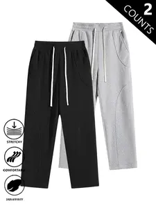 2-Pack Men's Solid Loose Straight Casual Pants,Unisex Versatile Sports Trousers,Plain Sweatpants,Structured Seam Splicing Design,For Daily Wear,Going Out,For Fall Menswear,available in 2 pack & 1-pack options,Please place an order according to size chart