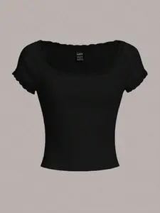 Women’s Short Sleeve Knit T-Shirt - SHEIN Qutie Collection, Lace Hem Design, Casual and Stylish