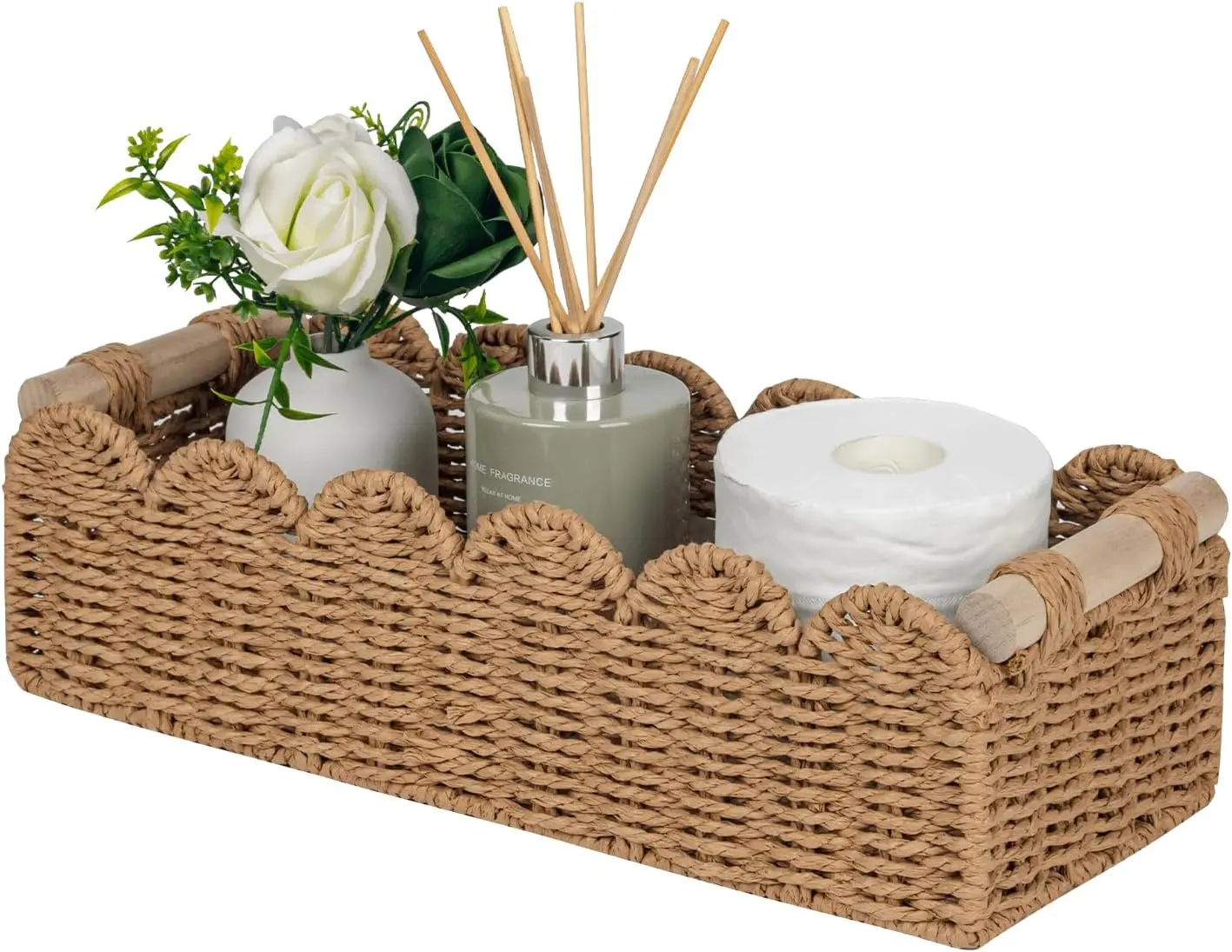 Paper Rope Scalloped Edge Toilet Paper Storage Basket, Small Living Room, Bedroom Decor Baskets for Over Toilet Storage Shelf, End Table, Shelves and More, with 2 Wooden Handle, Neutral