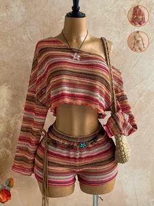 Holiday 2pcs Women's Striped Asymmetrical Shoulder Long Sleeve Top And Shorts Set，Women's Vacation Colorful Striped Set, Casual Summer, Stylish Matching Two-Piece Ensemble, Perfect for Travel and Daily Wear, Womenswear Clothes