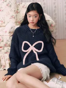 Cider Knit Crochet Round Neckline Bowknot Oversized Chunky Sweater