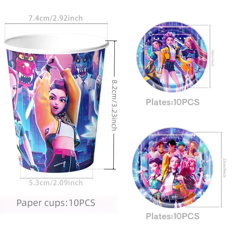 KPOP Hunter Girl Birthday Decoration Set, Pull Flag, Balloons, Tableware, Banner, Holiday Hanging Decor, Perfect Gift for Friends