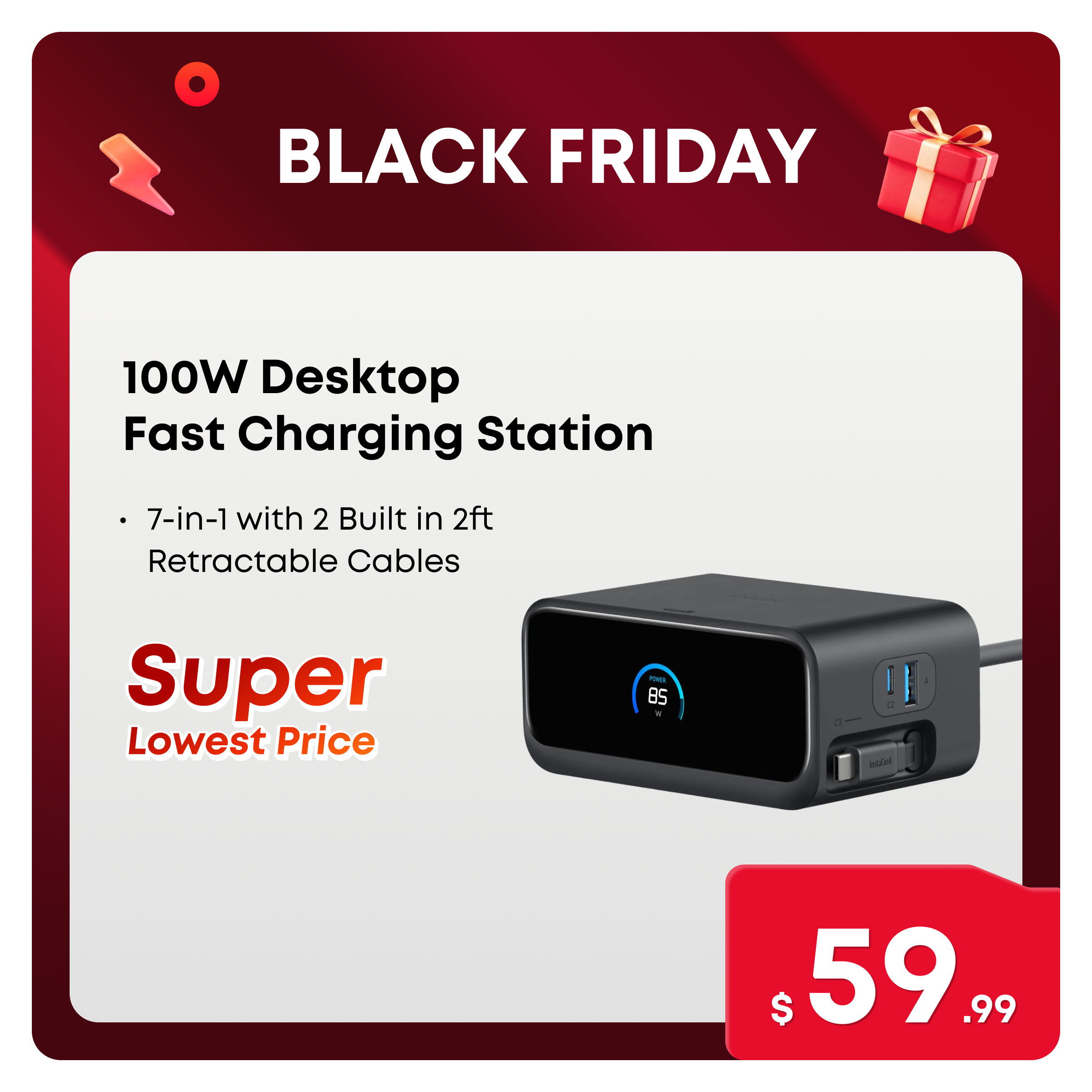 Anker Nano 7-in-1 USB-C Charging Station with 2.3ft InstaCord, 3 USB-C, 3 AC Outlets, 1 USB-A, 100W Desktop Power Strip for iPhone 17/16, MacBook, and