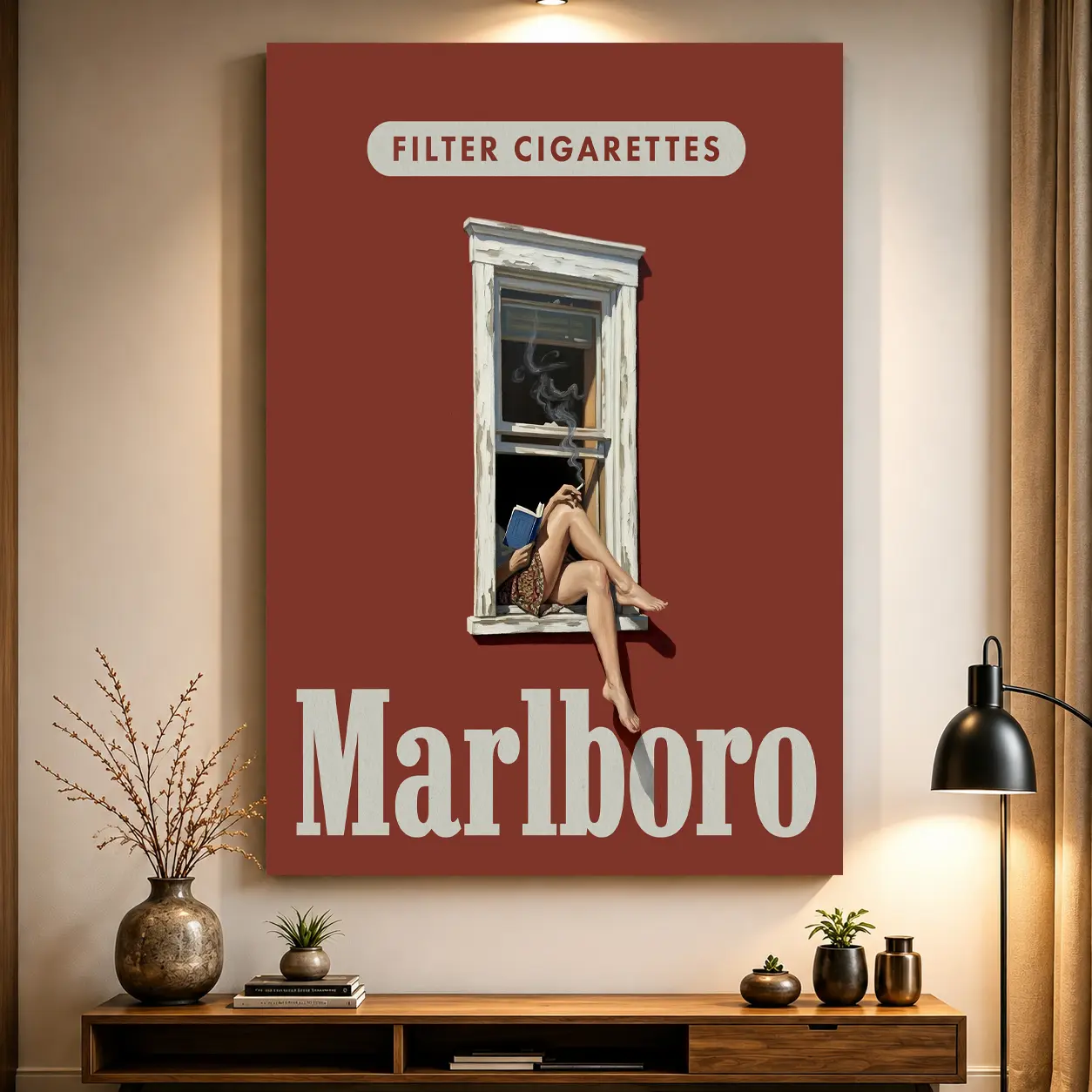 Vintage Marlboro Style Poster Red Wall Art Minimalist Retro Cigarette Ad Print Mid Century Modern Mancave Decor, Bedroom Decor, Home Decor