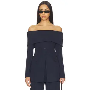 Line & Dot Derrick Off The Shoulder Top in Navy
