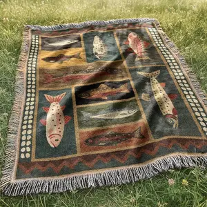 Mountain Fish Woven Blanket | Dark Western Folk Lodge Cabin Tapestry | Rustic Country Salmon Trout Throw Blanket