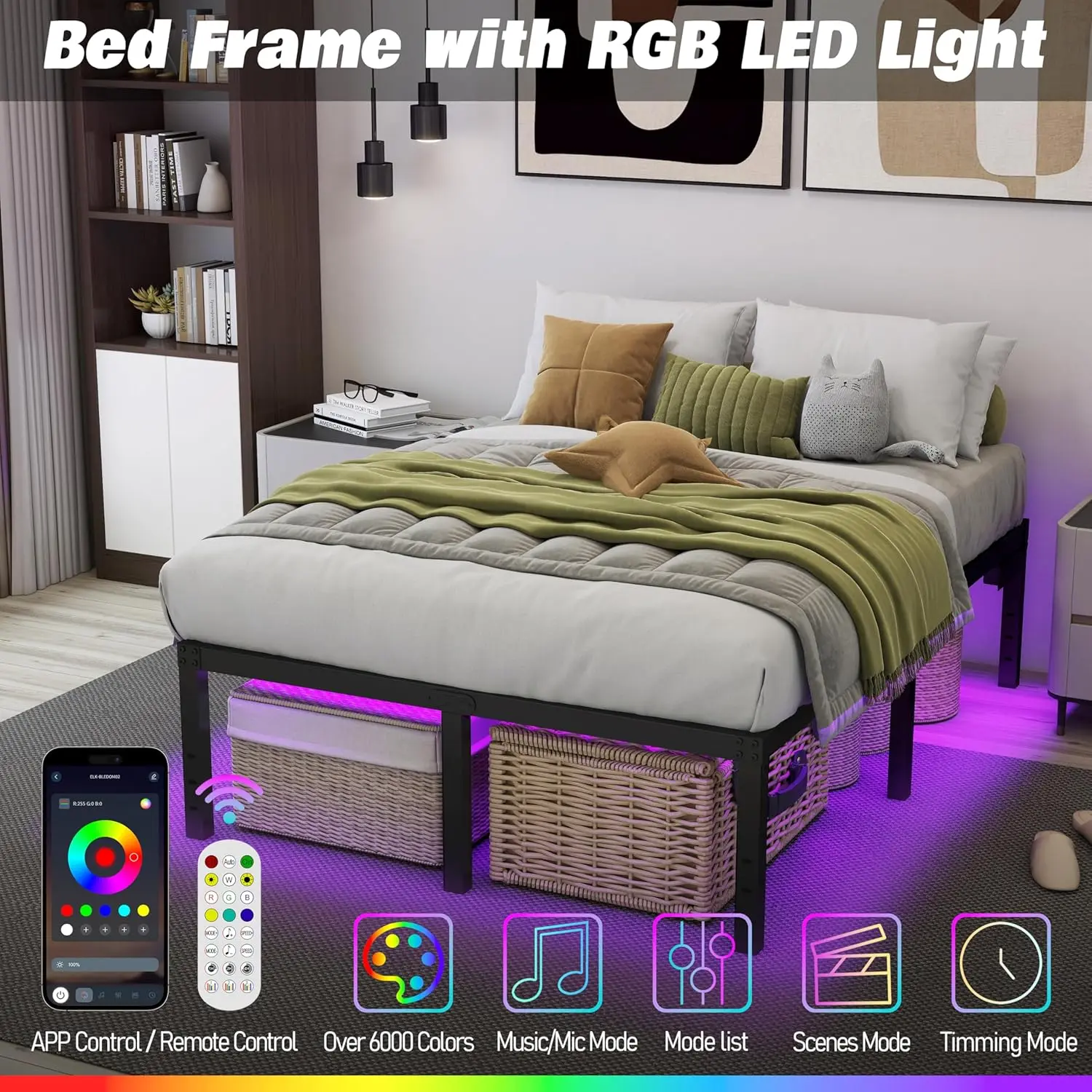 King Size Bed Frame King Platform Bed Frame with LED Lights 14 Inch Tall Mattress Base No Box Spring Needed Modern Beds with Charger Station,Anti-Sliding,Noisy Free (14 Inch, King)