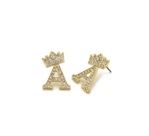 Hip Hop Crown Tilted Initial Alphabet Letter Pierced Post Stud Earring Gold Silver Tone Unisex Fashion Costume Jewelry 0.75" X 0.6" Piercing Required