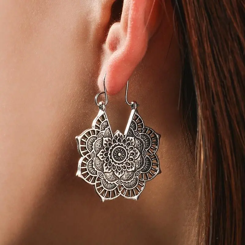 Boho 925 Sterling Silver Elegant Charm Vintage Style Tibetan Tibet Hook Earrings