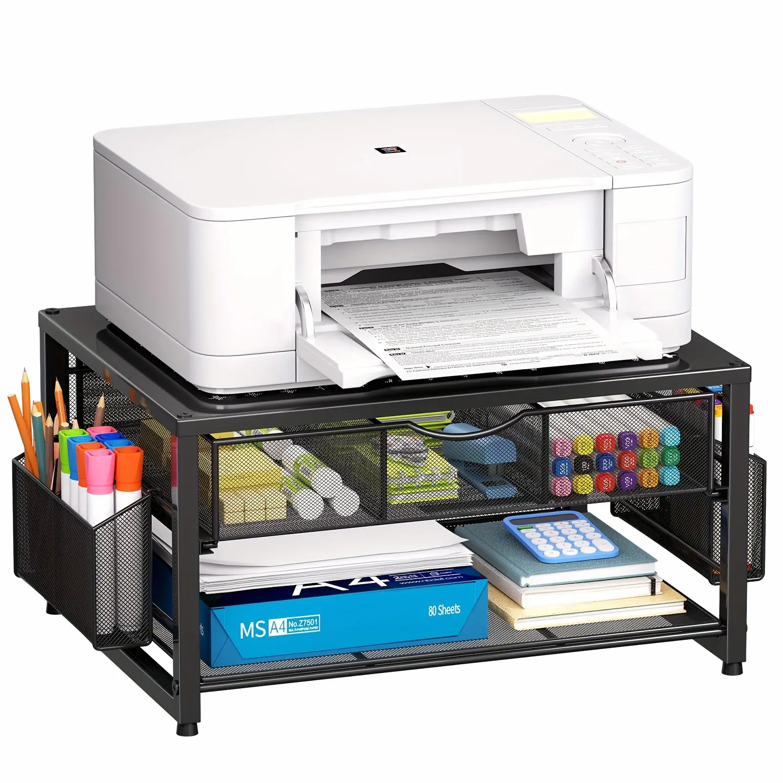 [Space-Saving Metal Stand] Heavy-Duty Metal Printer Stand With Storage Drawer 2-Tier Shelves, Includes A4 Paper Tray Pen Holder.Space-Saving, Compatible With Printers/ Fax/ Scanners, With Lock Cable Management.Screw-Mount