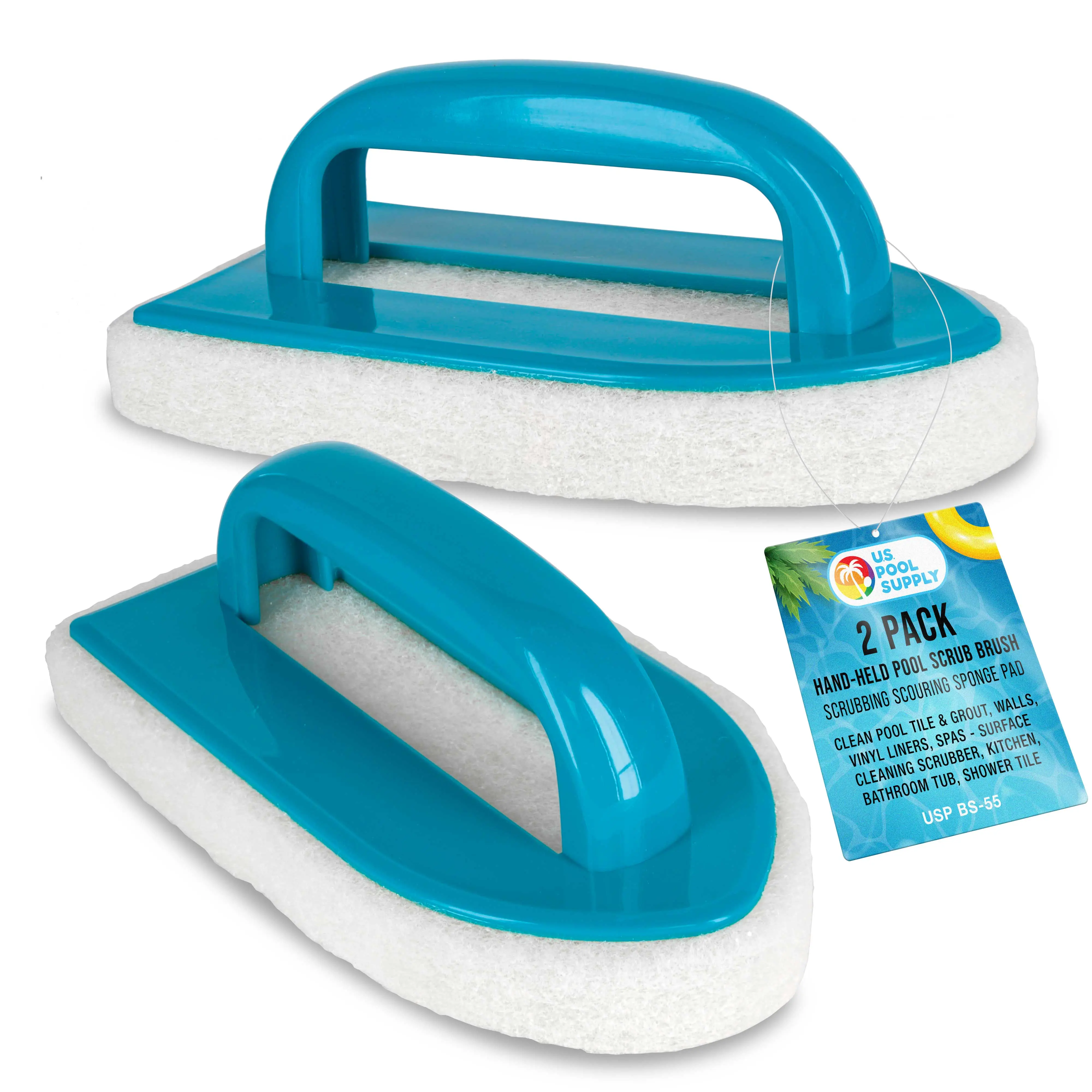 Hand-Held Pool Scrub Brush, 2 Pack - Surface Scrubbing Scouring Sponge Pad - Clean Pool Tile & Grout, Walls, Vinyl Liners, Spas