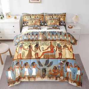 Ancient Egypt Bedding Set with Sheets Egyptian Pattern Comforter Set,7 Piece Vintage Pharaoh Pyramid Bed in A Bag for Kids Adults Exotic Tribal Bed Set