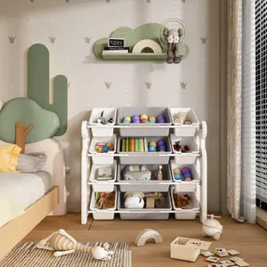 【Bellemave】Kids Toy Storage Organizer with 12 Bins, Multi-functional Nursery Organizer Kids Furniture Set Toy Storage Cabinet Unit with HDPE Shelf and Bins for Playroom, Bedroom, Living Room (grey white color)