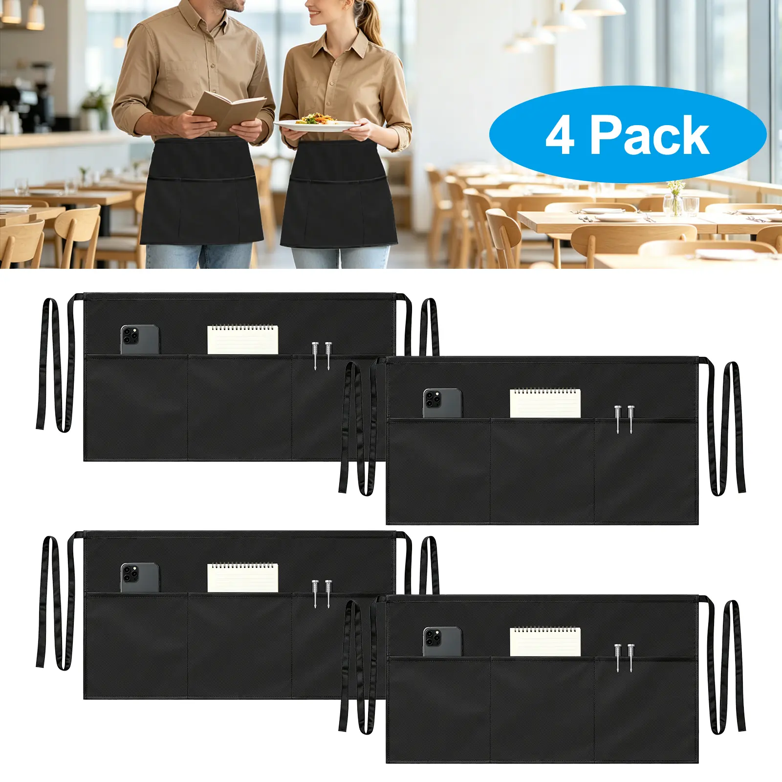 4Pcs Multifunctional Pocket Aprons Set with 3 Pockets - Adjustable Waist Aprons,Black Waitress Waiter Server Short Aprons,Home Supplies Household Workwear Kit