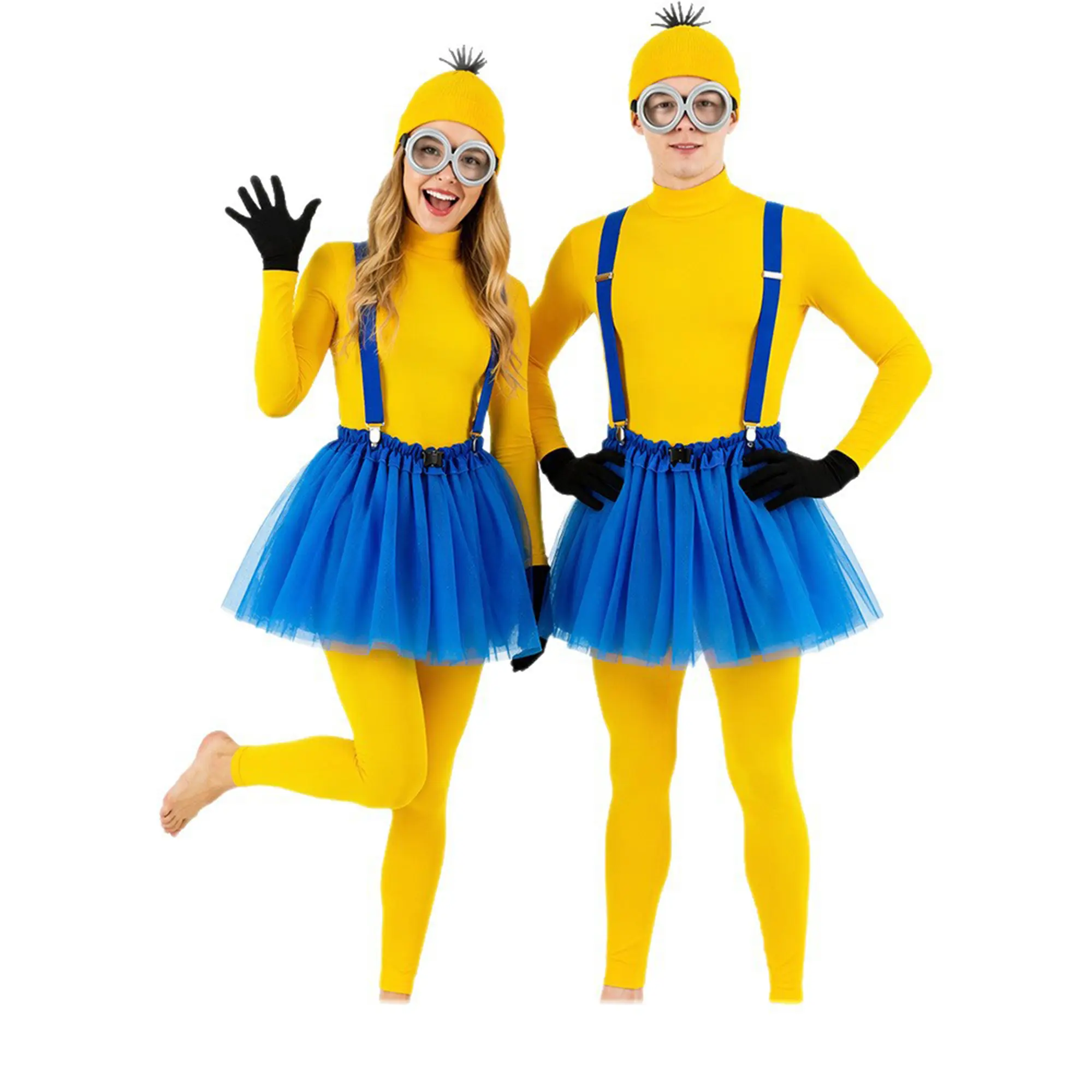 Halloween Costumes for Adults, Funny Adult Costumes for Women Yellow Blue Costume Set with Yellow Jumpsuit, Tutu Skirt, Beanie Hat, Goggles, Suspenders,