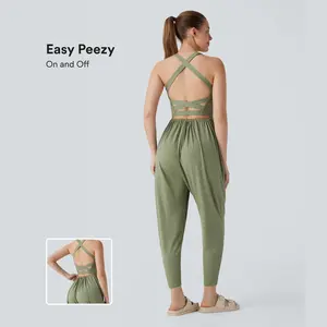 Halara Backless Crisscross U Neck Side Pocket Harem Casual Jumpsuit-Easy Peezy