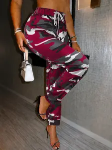 Women's camouflage pants with drawstring, comfortable streetwear design, pockets, suitable for casual wear.