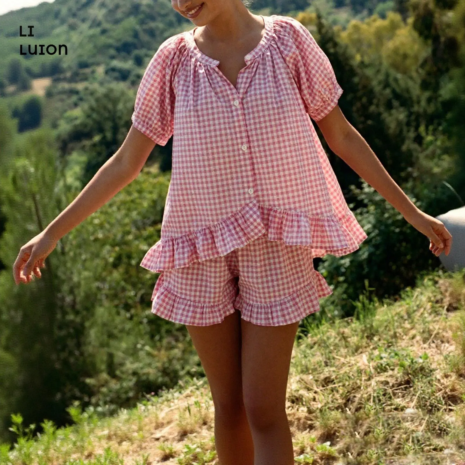 Womens Plaid Gingham Pajama Set Ruffle Button Down Babydoll Shirt and Shorts Lounge sets Outfits Y2K Sleepwear