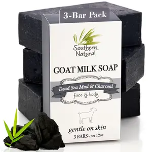 Southern Natural Activated Charcoal Soap Bar (3 Pack) – Charcoal Face Soap, Acne Soap, Body Soap & Cleanser for Sensitive Skin - Leaves skin smooth and nourished - Infused with Dead Sea Mud, Coconut & Olive Oil - Long-Lasting Eucalyptus Fresh Feel