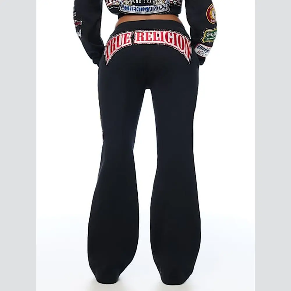 True Religion Women's Mid-Rise Straight Leg Crystal Patch Sweatpants, Women's Bottoms for Matching Outfits