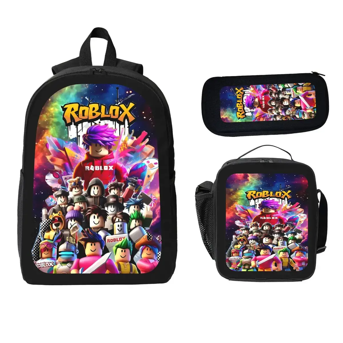 Roblox 3-in-1 Lunchbox Set Backpack with Insulated Lunch Bag & Pencil Case, 600D Oxford Cloth, Lightweight, Large Capacity, Adjustable Straps, Breathable Mesh Back Padding, Fits 15" Laptop, Machine Washable for Teens