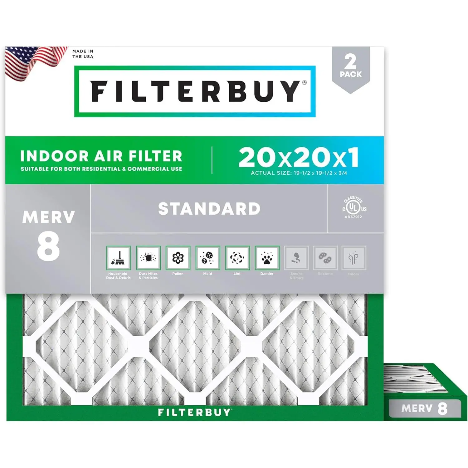 Filterbuy 20x20x1 Air Filter (2-Pack), Pleated MERV 8 Dust Defense HVAC AC Furnace Air Filters (Actual Size: 19.50 x 19.50 x 0.75 Inches)