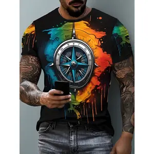 3D Compass Print T-Shirt for Men Plus Size- Nautical Compass And Navigation Design with Color Block Compass Rose Pattern, Lightweight And Breathable Fabric, Round Neck Short Sleeve Casual Summer Fitness Outdoor Adventure Shirt, Plus