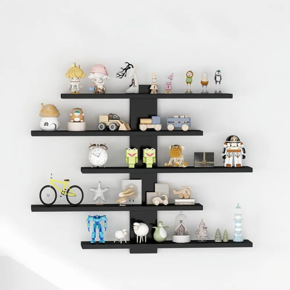 Five-tier floating wall-mounted shelf for displaying and storing anime figures, dolls, plants, and statues, suitable for decoration and storage in bedrooms, living rooms, study rooms, and children's rooms (black)