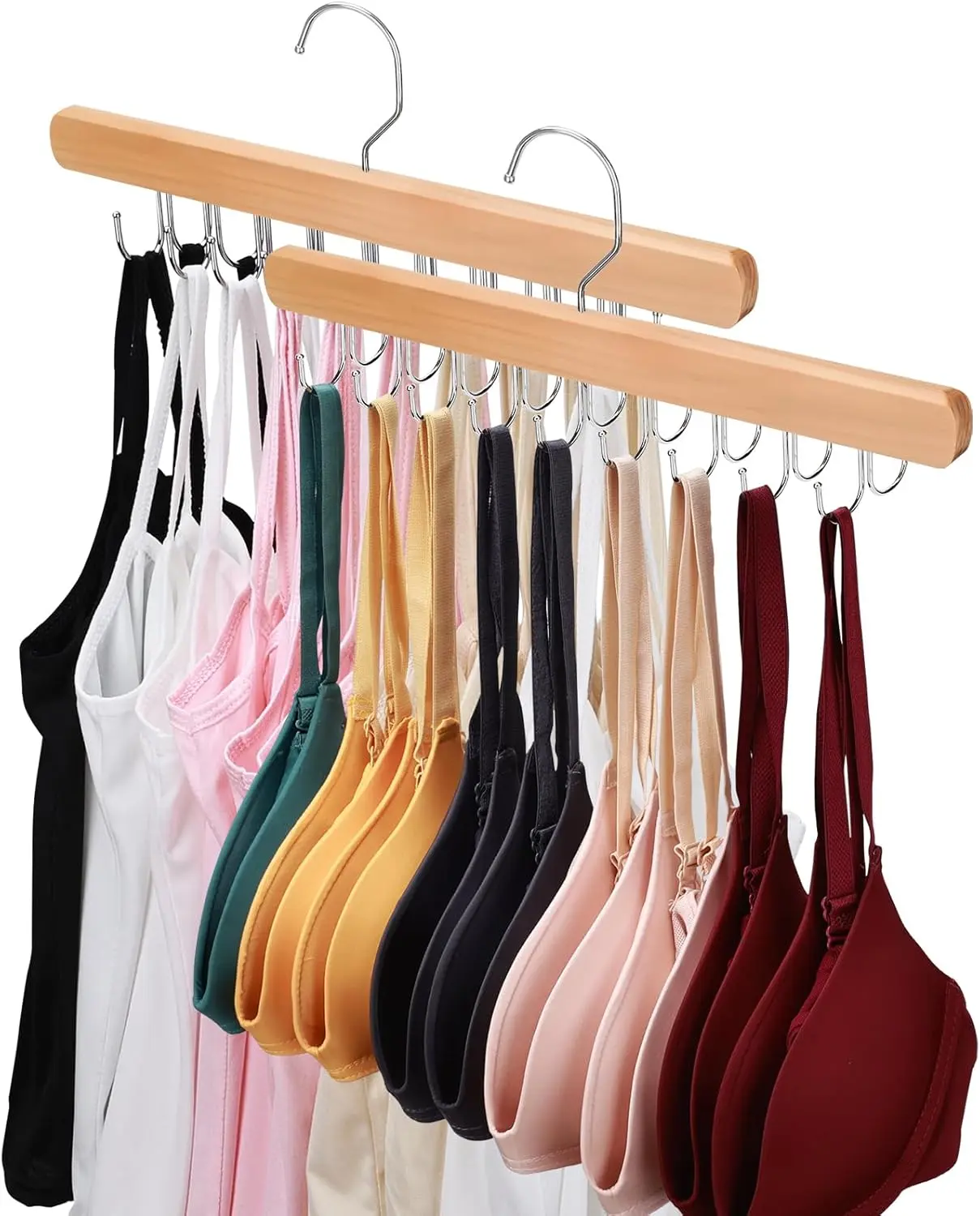 Premium Stainless Steel Wooden Bra Hangers (2-Pack) - Large Smooth Space Saver Hangers & Pegs with 360° Rotatable Hook, 18 Foldable Hooks for Hanging Bras, Tank Tops, Clothing Items