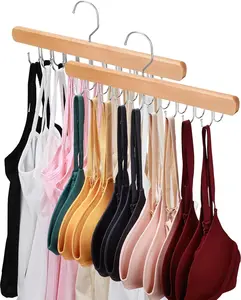 2-Pack Premium Wooden Bra Hangers for Closet Organizer, 360° Rotating Design with 36 Foldable Stainless Steel Hooks, Smooth Hanging Space-Saving Storage for Tank Tops, Bras, Scarves etc
