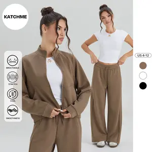 KatchMe Women's Casual Solid Color Mock Neck Long Sleeve Sweatshirt, Mid-Rise Drawstring Vertical Seam Wide Leg Trousers, Stretch Fall Outfits, Versatile Tracksuit