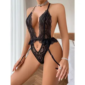 Women's Backless Babydoll Mini Bodysuit with Adjustable Straps for Everyday & Bridal Wear Minimalist Basic Lingerie - Womenswear Bodysuit Cute Lace Floral Sexy Lingerie Set pj Babydoll Sneaky Lingerie, Floral Lace Mesh Lingerie Set Elegant Halter Neck tik