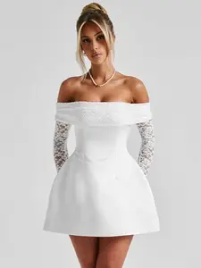 Elegant One-Shoulder Lace Long Sleeve Satin Dress, Waist-Tapering A-Line Short Skirt, Sexy Off-The-Shoulder Formal Evening Party Gown