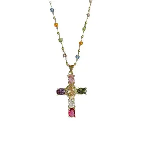Trendy Colorful Cubic Zirconia Cross Necklace for Women Retro Sweet Cool Style Unique Design Super Sparkly Collarbone Chain Girls Fashion Jewelry