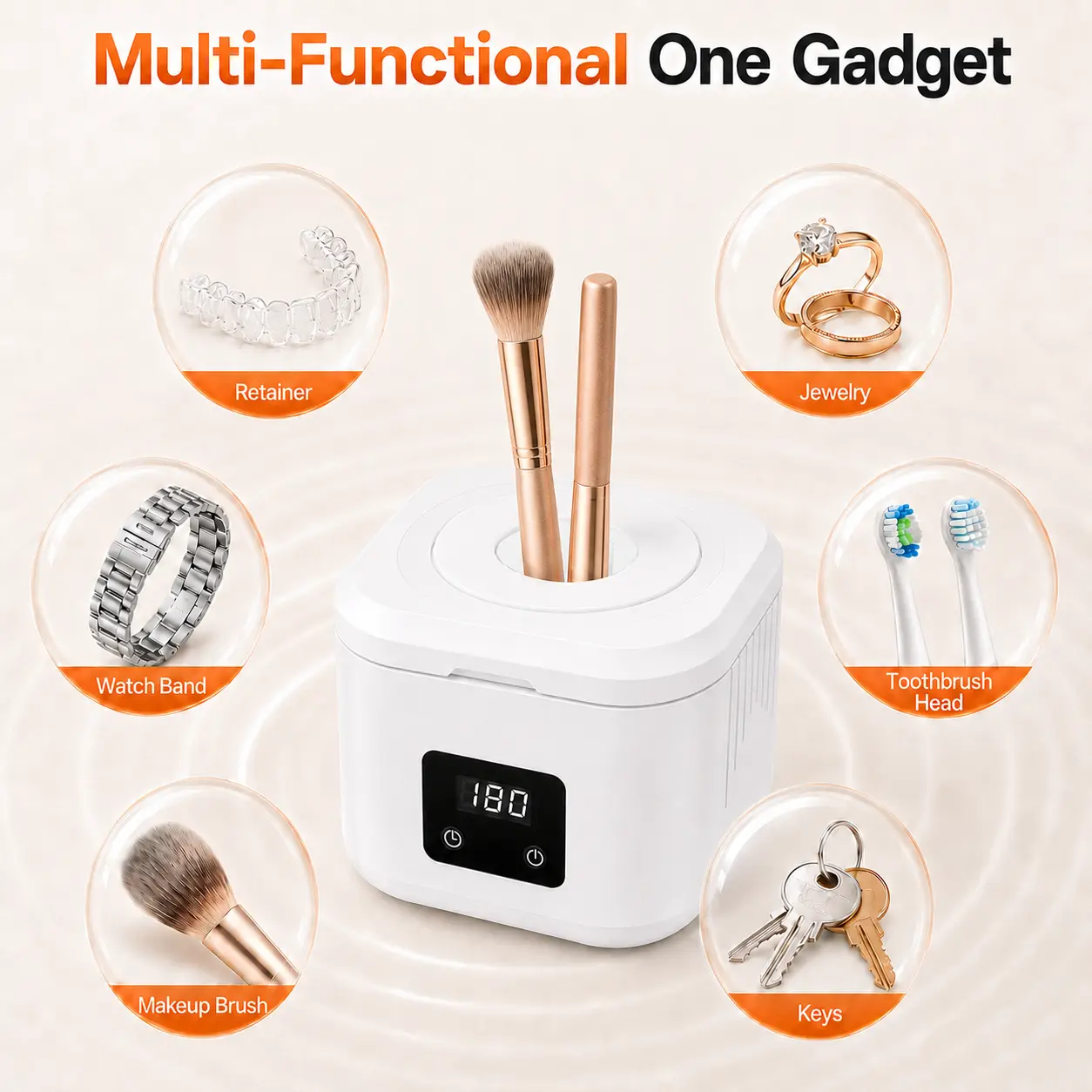 Makeup Brush Cleaner Machine, 50kHz Ultrasonic Cleaner for Daily Small Essentials, 340ML Sonic Cleaning Device with 3 Timer Modes, Stainless Steel Tank and 6 LED Lights for Jewelry, Retainers, Toothbrush Heads and Keys